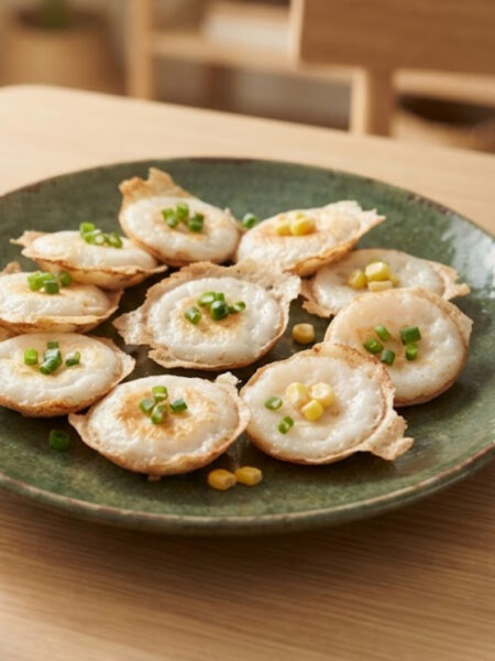 Authentic Thai Kanom Krok coconut rice pancakes with crispy edges, creamy centers, sweet corn, and scallion toppings.