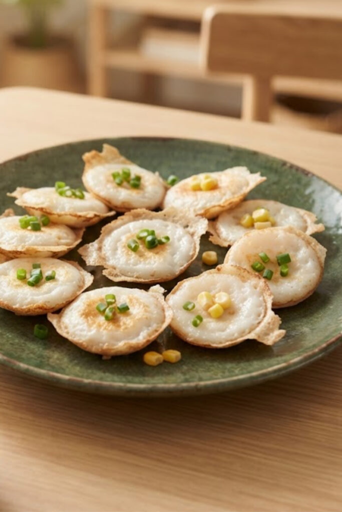 Authentic Thai Kanom Krok coconut rice pancakes with crispy edges, creamy centers, sweet corn, and scallion toppings.