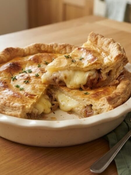 Classic British Lancashire Cheese and Onion Pie with golden pastry and creamy cheese and onion filling