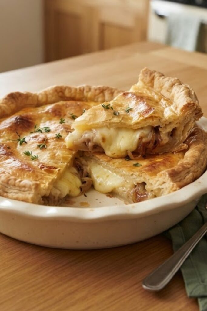 Classic British Lancashire Cheese and Onion Pie with golden pastry and creamy cheese and onion filling