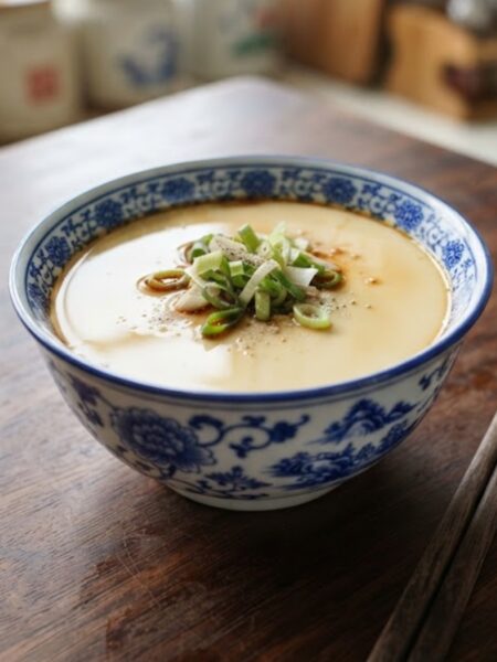 Silky Chinese Steamed Egg Custard topped with soy sauce, sesame oil, and fresh green onions in a traditional ceramic bowl.