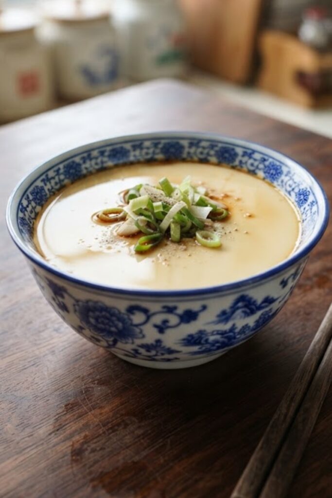 Silky Chinese Steamed Egg Custard topped with soy sauce, sesame oil, and fresh green onions in a traditional ceramic bowl.