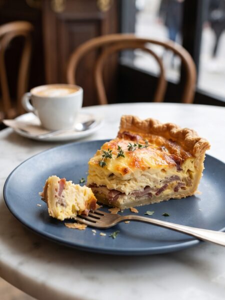 Classic French Quiche Lorraine with crispy bacon, creamy egg custard, and golden Gruyère cheese in a buttery pastry crust.