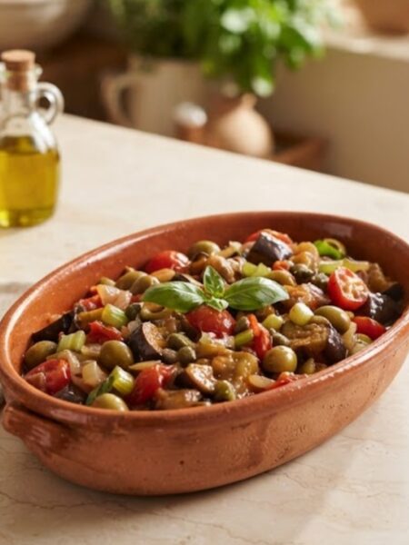 Authentic Sicilian Caponata with tender eggplant, tomatoes, celery, olives, capers, and sweet-and-sour sauce.