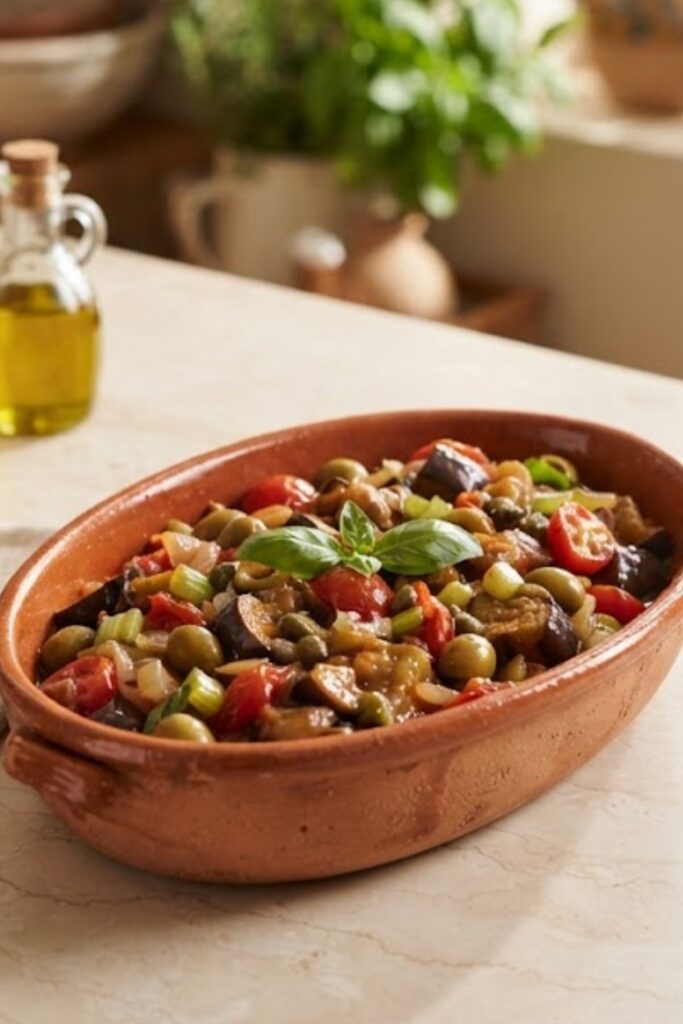 Authentic Sicilian Caponata with tender eggplant, tomatoes, celery, olives, capers, and sweet-and-sour sauce.