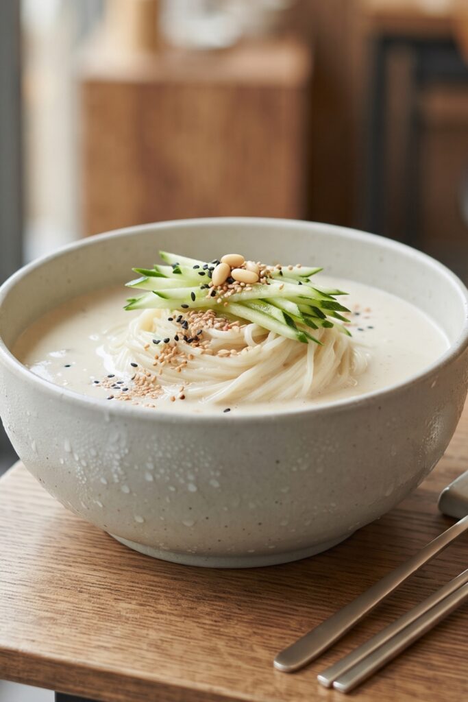 Authentic Korean Kongguksu with chilled creamy soybean broth, chewy noodles, cucumber, and toasted sesame seeds.