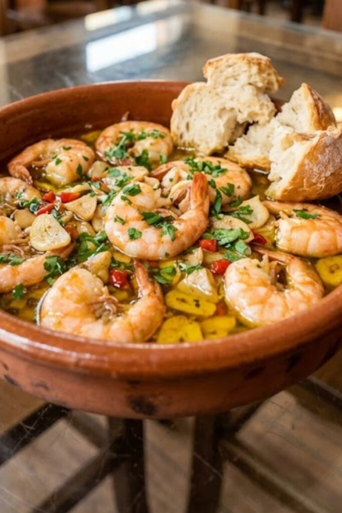 Authentic Spanish Gambas al Ajillo with juicy shrimp, sliced garlic, chili, olive oil, and fresh parsley served with crusty bread.