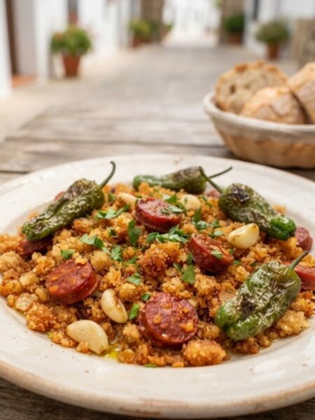 Authentic Spanish Migas with golden crispy bread crumbs, Spanish chorizo, garlic, and sweet red peppers.