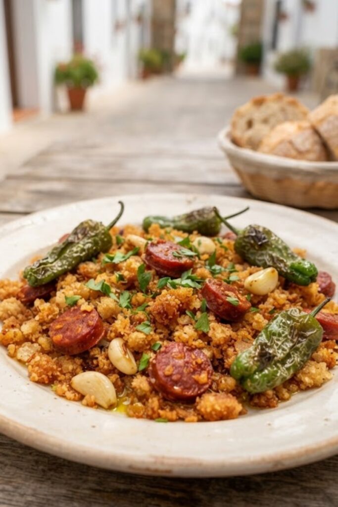 Authentic Spanish Migas with golden crispy bread crumbs, Spanish chorizo, garlic, and sweet red peppers.