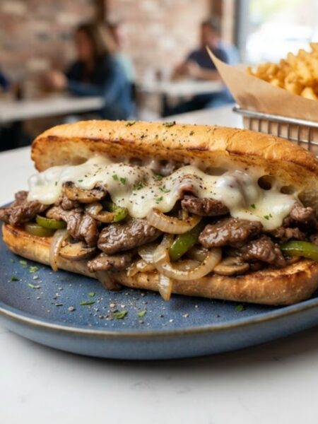 Classic American Philly Cheesesteak with thinly sliced ribeye steak, melted provolone cheese, sautéed onions, and a toasted hoagie roll
