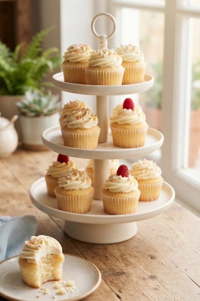 Soft homemade vanilla cupcakes topped with creamy vanilla buttercream frosting