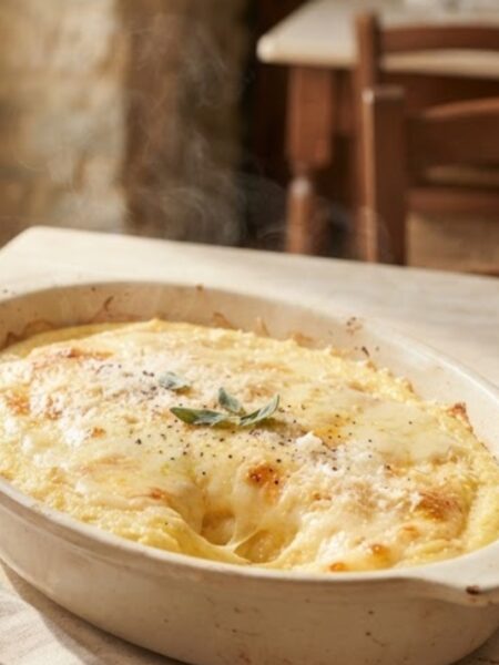 Authentic Italian Polenta Concia with creamy cornmeal, melted Fontina and Taleggio cheese, butter, and golden bubbling cheese.