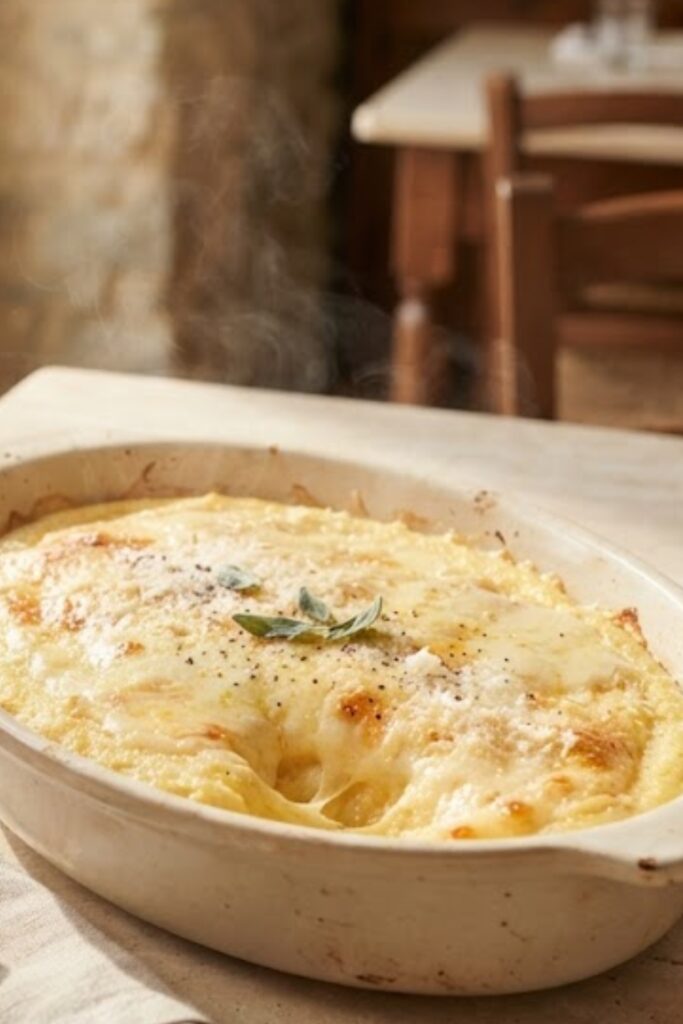Authentic Italian Polenta Concia with creamy cornmeal, melted Fontina and Taleggio cheese, butter, and golden bubbling cheese.