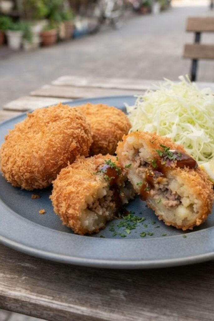 Authentic Japanese Korokke featuring crispy golden panko-coated potato and beef croquettes served with shredded cabbage and tonkatsu sauce.