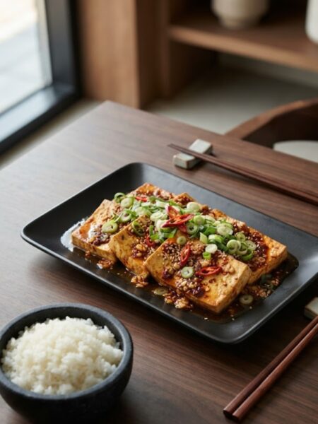 Authentic Korean Dubu Jorim featuring golden pan-fried tofu braised in a spicy soy garlic sauce with sesame seeds and green onions.