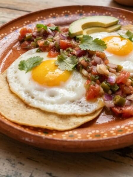 Mexican Huevos Rancheros with fried eggs, crispy corn tortillas, homemade ranchero tomato sauce, avocado, cilantro, and Cotija cheese.