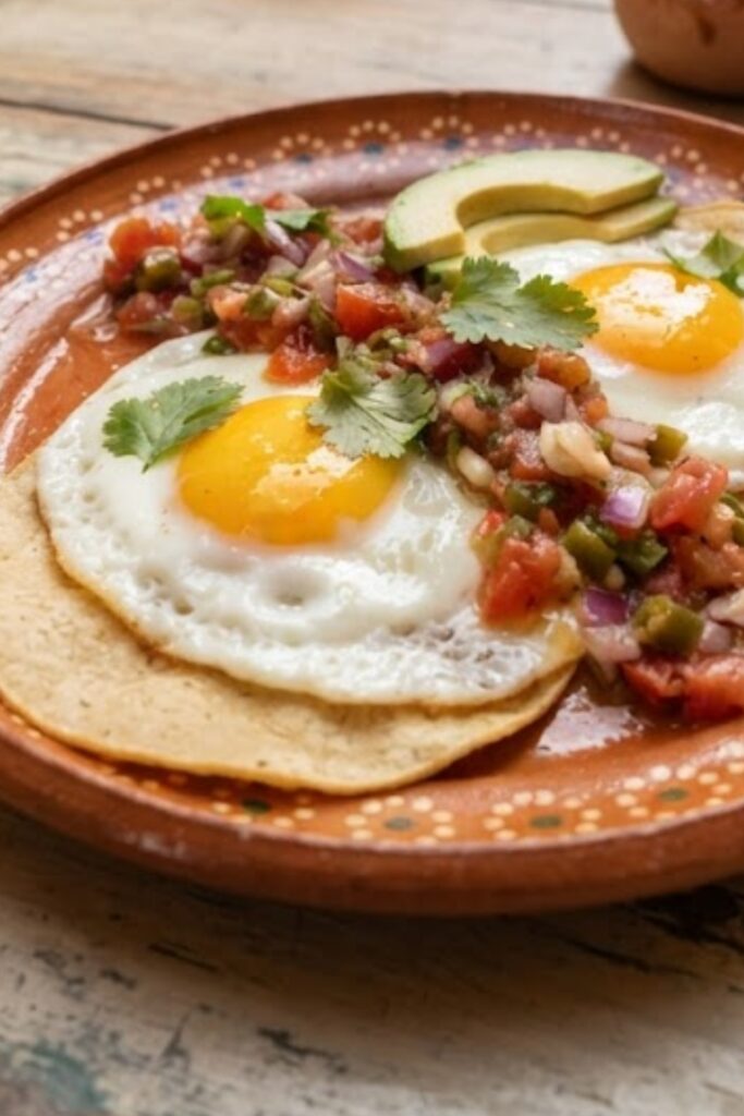 Mexican Huevos Rancheros with fried eggs, crispy corn tortillas, homemade ranchero tomato sauce, avocado, cilantro, and Cotija cheese.