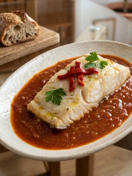 Authentic Spanish Bacalao a la Vizcaína with tender salt cod served in a rich Basque red pepper and onion sauce.