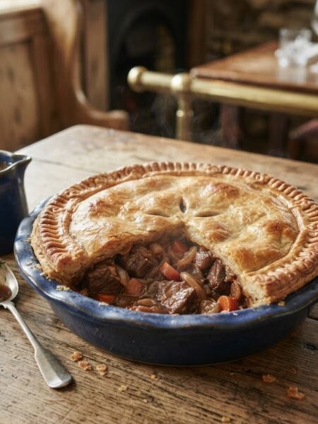 Classic British Beef and Ale Pie with tender beef in rich ale gravy beneath golden puff pastry