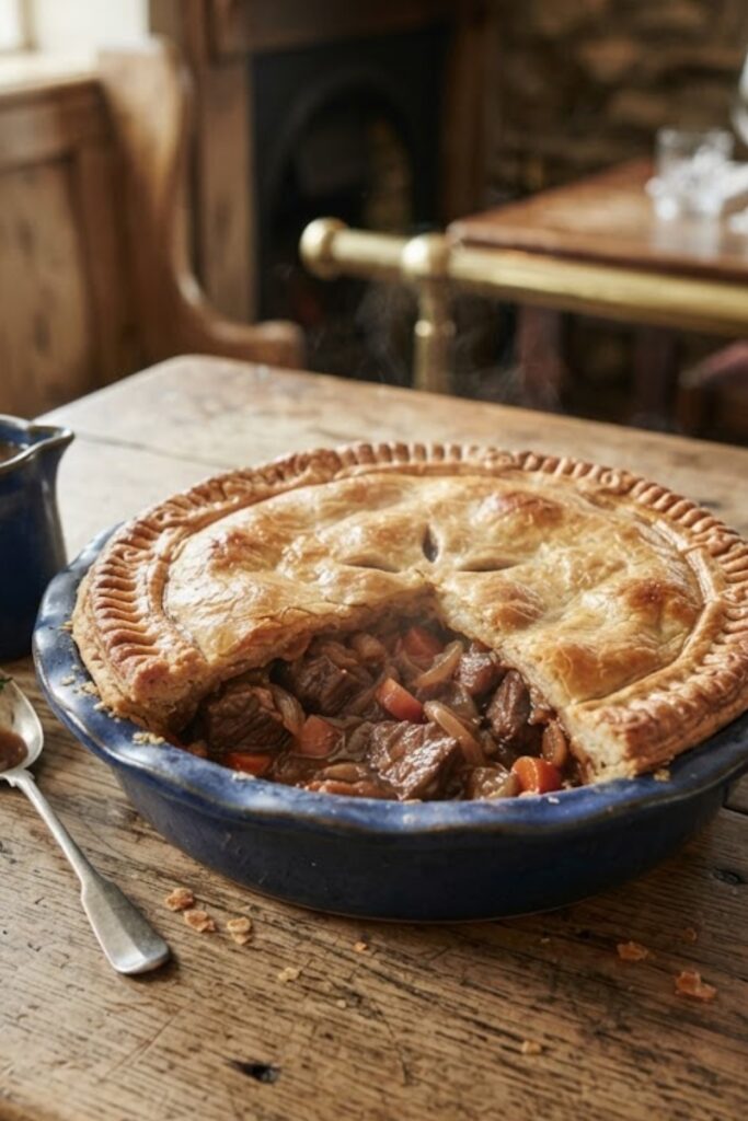 Classic British Beef and Ale Pie with tender beef in rich ale gravy beneath golden puff pastry