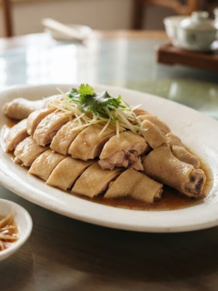 Chinese Drunken Chicken sliced and served with green onions, tender poached chicken infused with fragrant Shaoxing wine and ginger.