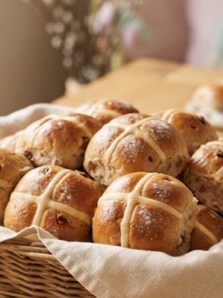 Soft Easter Hot Cross Buns with raisins, warm spices, piped crosses, and a glossy apricot glaze.
