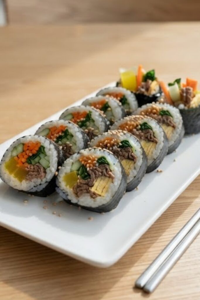Authentic Korean Gimbap filled with seasoned rice, beef, egg, carrots, spinach, and yellow pickled radish wrapped in roasted seaweed.