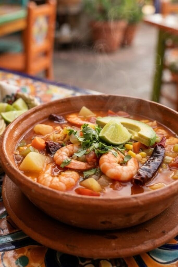 Mexican Caldo de Camarón shrimp soup with tender shrimp, potatoes, carrots, tomatoes, chiles, cilantro, and fresh lime.