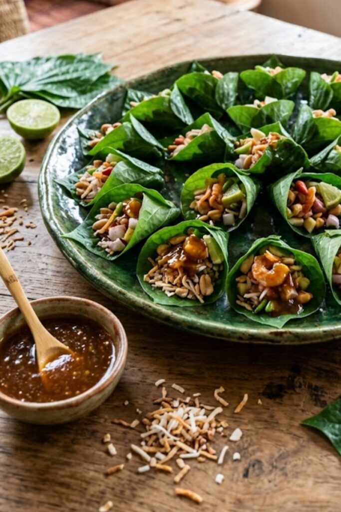 Authentic Thai Miang Kham betel leaf wraps filled with toasted coconut, peanuts, ginger, lime, shallots, and chilies.
