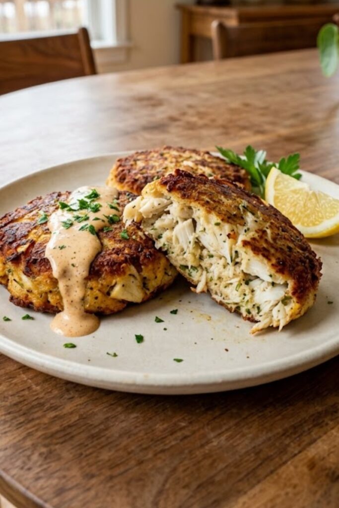 Authentic American Maryland crab cakes with golden crispy crust served with lemon wedges and creamy remoulade sauce