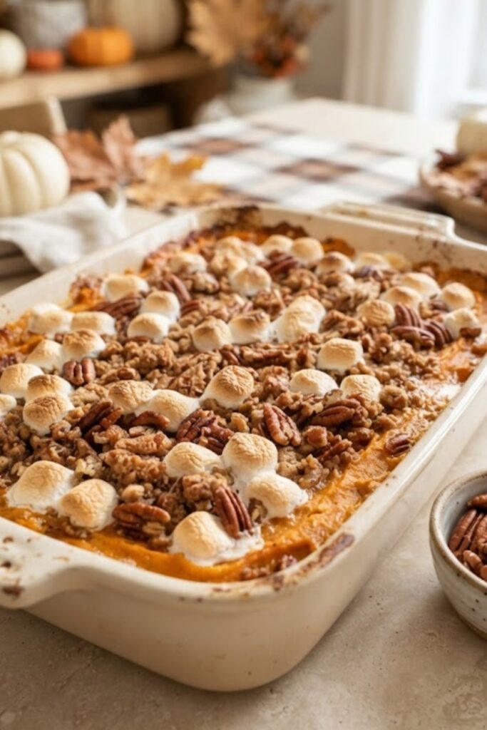 Creamy fall sweet potato casserole topped with buttery pecans and brown sugar, served as a Thanksgiving side dish.