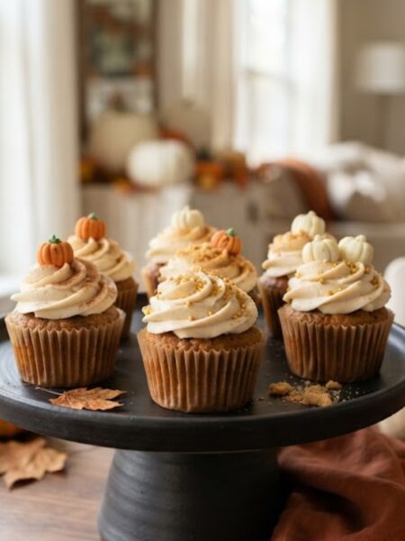 Halloween pumpkin cupcakes with creamy vanilla frosting, pumpkin spice flavor, and festive Halloween decorations.