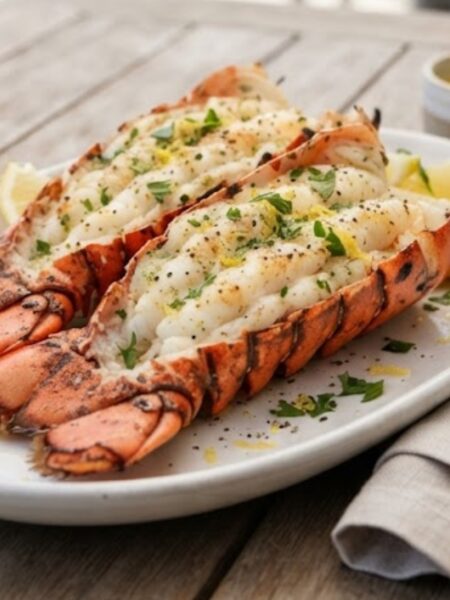 Summer grilled lobster tails brushed with garlic herb butter and served with fresh lemon wedges.
