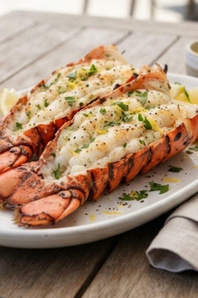 Summer grilled lobster tails brushed with garlic herb butter and served with fresh lemon wedges.