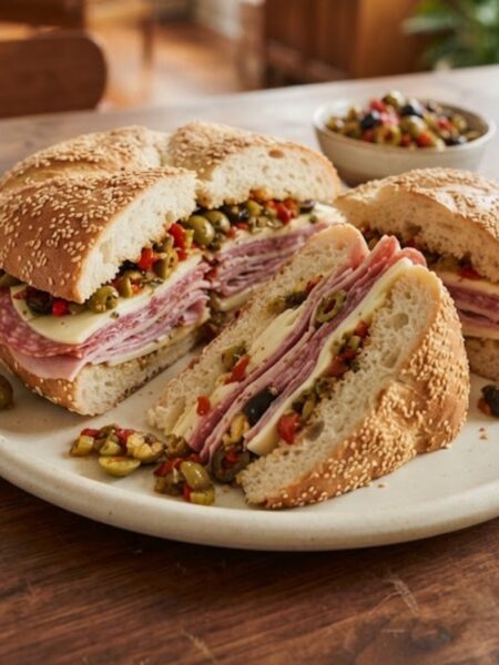 Authentic New Orleans Muffuletta sandwich layered with salami, ham, mortadella, provolone, mozzarella, and olive salad