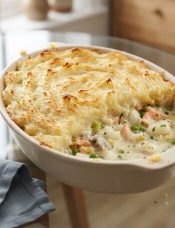 Classic British Fisherman’s Pie with creamy fish filling and golden mashed potato topping