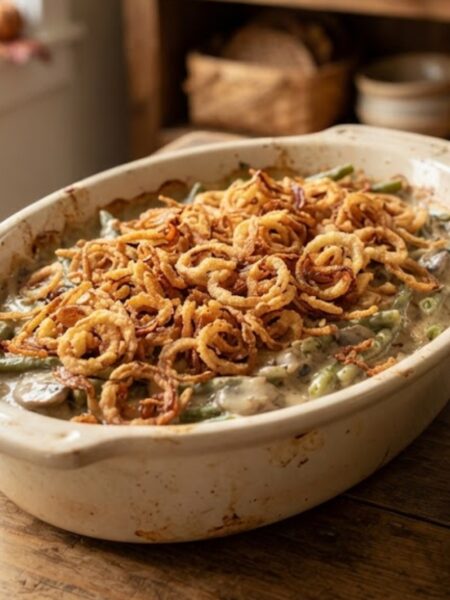 Classic fall green bean casserole with creamy mushroom sauce and crispy golden fried onions served as a Thanksgiving side dish.