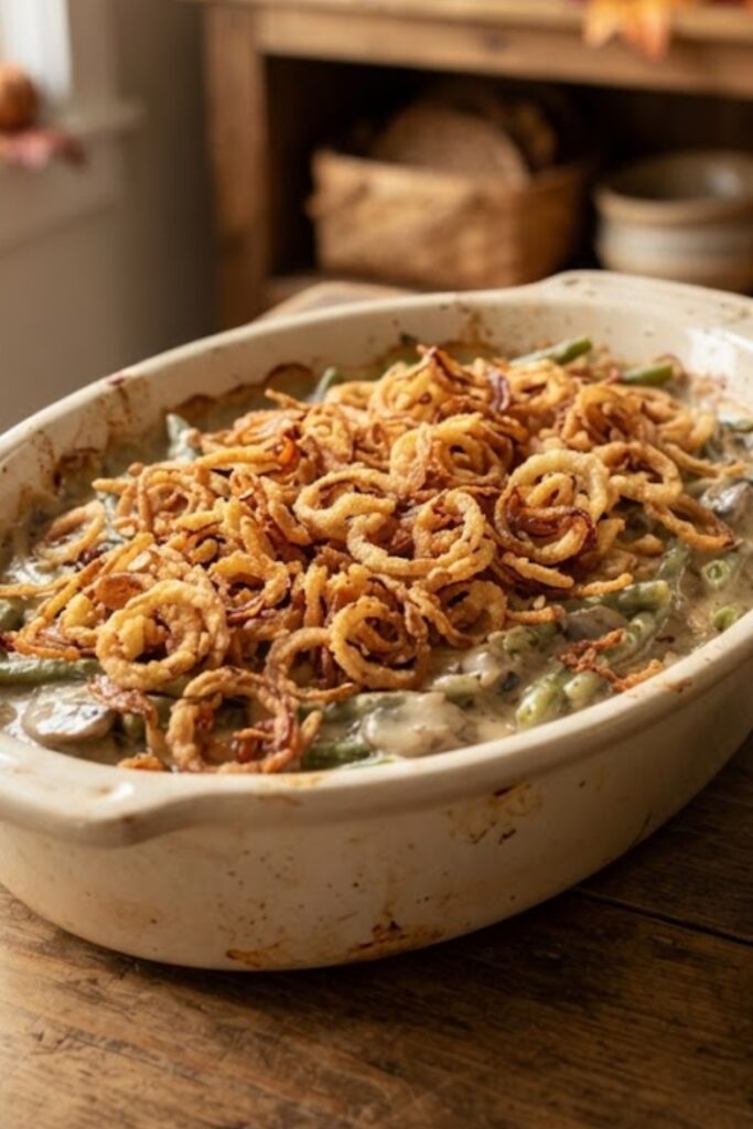 Classic fall green bean casserole with creamy mushroom sauce and crispy golden fried onions served as a Thanksgiving side dish.