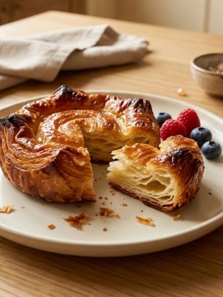 Authentic French Kouign-Amann with crisp caramelized sugar layers and a golden flaky buttery pastry interior.