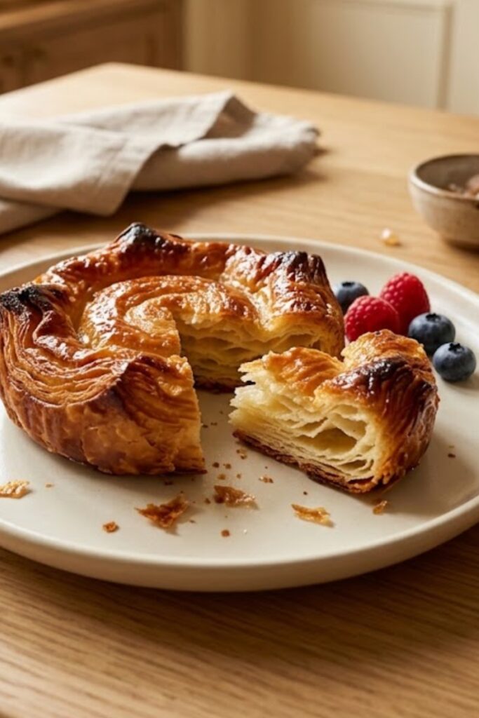 Authentic French Kouign-Amann with crisp caramelized sugar layers and a golden flaky buttery pastry interior.