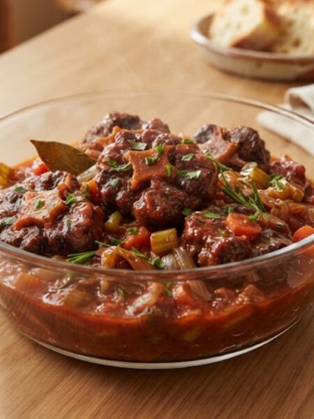 Authentic Roman Coda alla Vaccinara with tender braised oxtail in rich tomato sauce with celery and herbs.
