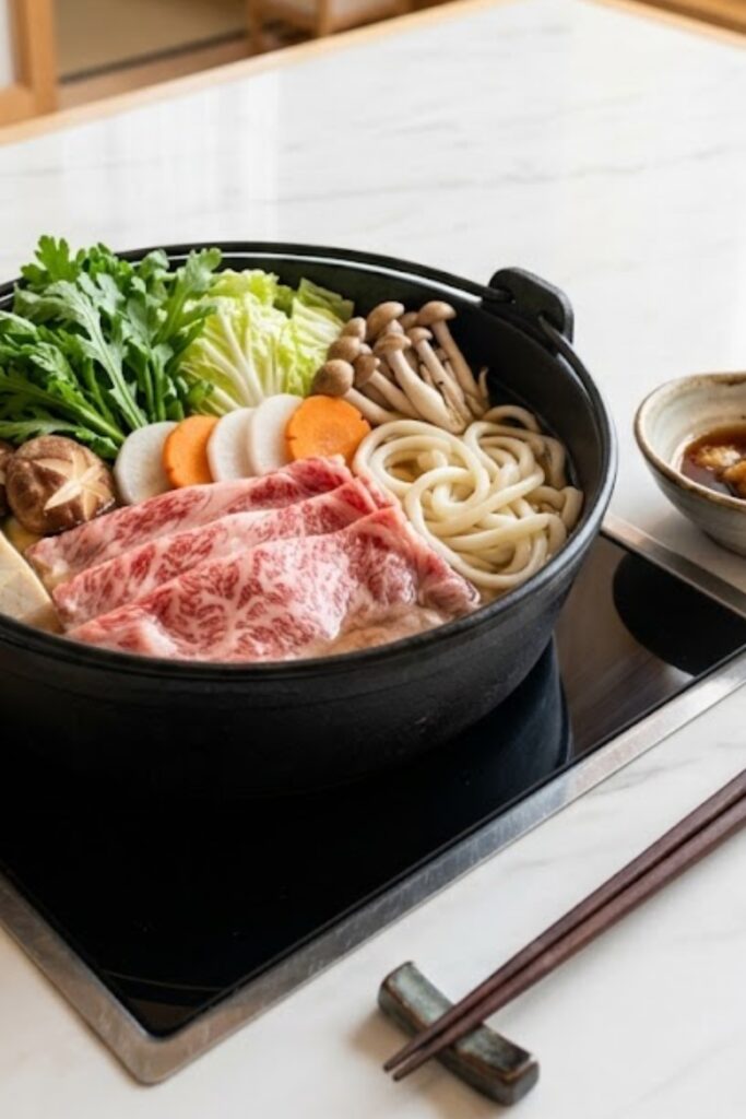 Authentic Japanese Shabu-Shabu with thinly sliced beef, napa cabbage, mushrooms, tofu, carrots, and udon noodles in a light kombu broth.