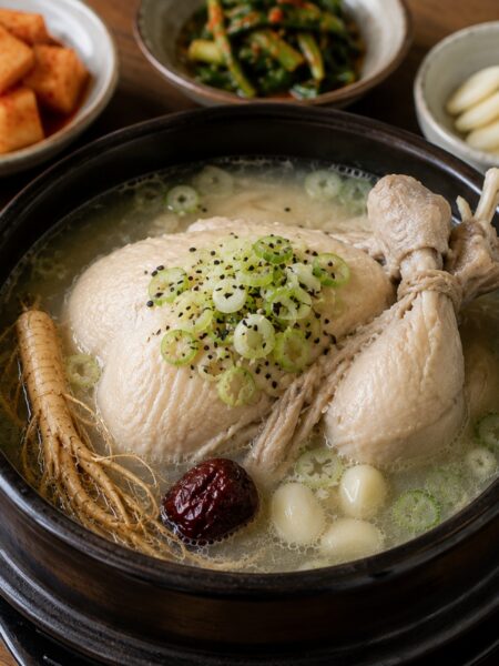 Authentic Korean Samgyetang with tender whole chicken, Korean ginseng, jujube, garlic, green onions, and glutinous rice broth.