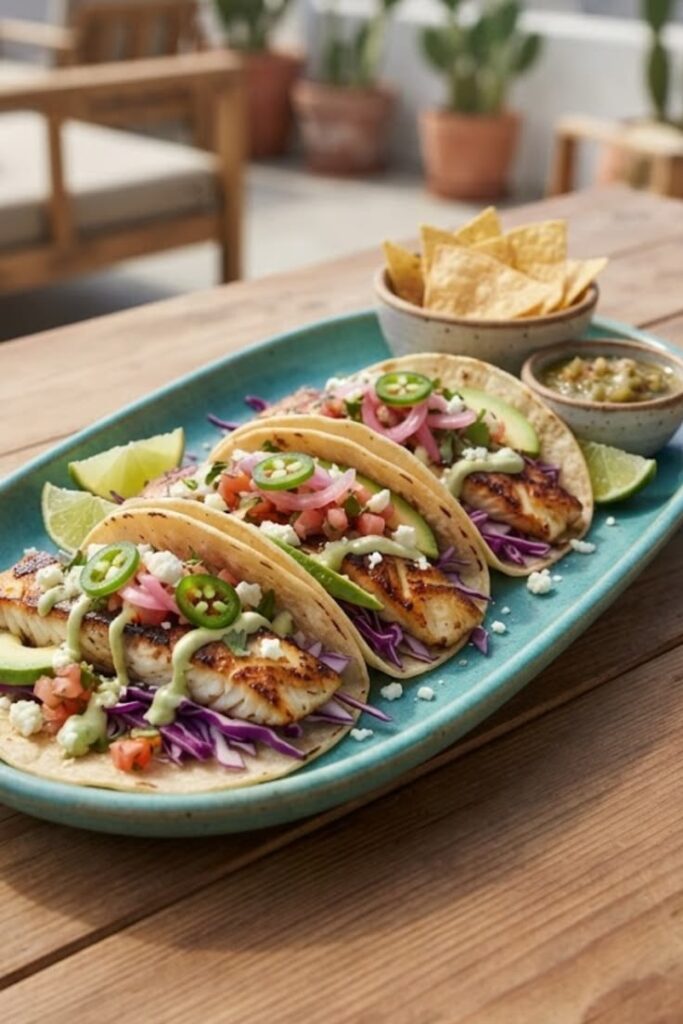 Summer fish tacos with seasoned flaky white fish, cabbage slaw, avocado, cilantro, and creamy lime sauce.