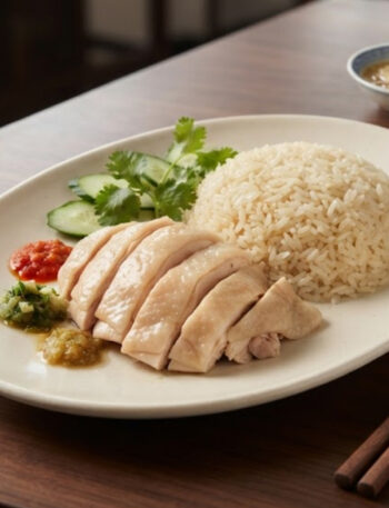 Chinese Hainanese Chicken Rice with tender poached chicken, fragrant ginger-garlic rice, green onions, and savory dipping sauces.