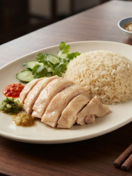 Chinese Hainanese Chicken Rice with tender poached chicken, fragrant ginger-garlic rice, green onions, and savory dipping sauces.