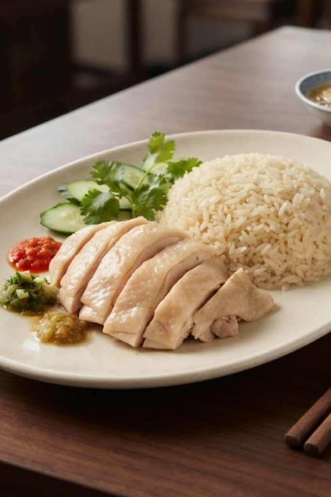 Chinese Hainanese Chicken Rice with tender poached chicken, fragrant ginger-garlic rice, green onions, and savory dipping sauces.