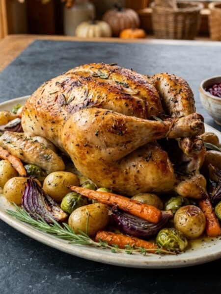Golden herb roasted chicken seasoned with garlic, rosemary, thyme, and lemon served as a cozy fall dinner.
