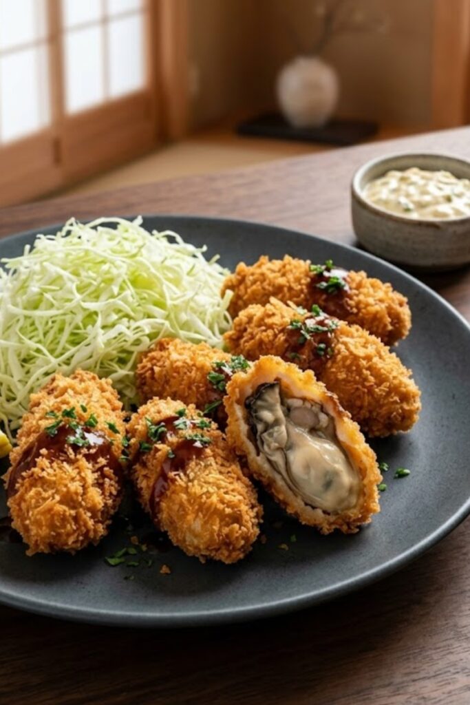 Authentic Japanese Kaki Fry featuring golden crispy panko-coated oysters served with shredded cabbage, lemon wedges, and Japanese tartar sauce.