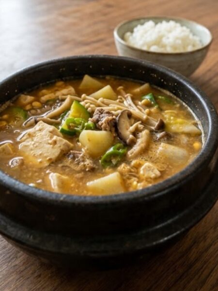 Authentic Korean Doenjang Jjigae with tofu, zucchini, mushrooms, onion, green chili, and savory fermented soybean paste broth.Korean soybean paste stew made with fermented Korean doenjang, tofu, vegetables, and a savory broth.